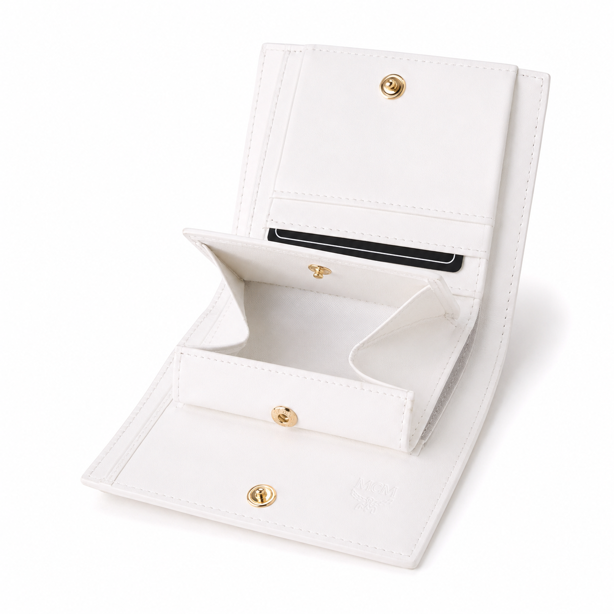 MCM Patricia Visetos Bi-Fold Wallet in White – Classic Logo Print, Gold Hardware, Compact Design for Everyday Use
