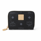 MCM Visetos Zip Wallet in Black – Tonal Monogram Coated Canvas Card Holder & Coin Pouch with Gold Plaque, 11x8.5x2cm