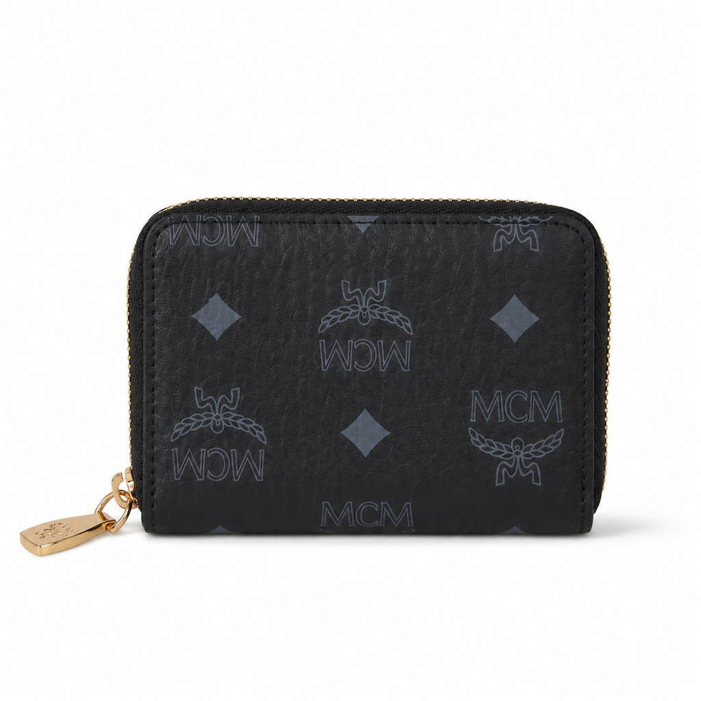MCM Visetos Zip Wallet in Black – Tonal Monogram Coated Canvas Card Holder & Coin Pouch with Gold Plaque, 11x8.5x2cm