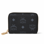 MCM Visetos Zip Wallet in Black – Tonal Monogram Coated Canvas Card Holder & Coin Pouch with Gold Plaque, 11x8.5x2cm