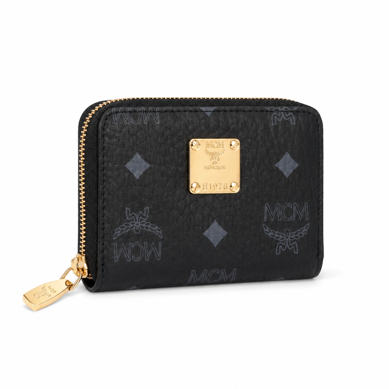 MCM Visetos Zip Wallet in Black – Tonal Monogram Coated Canvas Card Holder & Coin Pouch with Gold Plaque, 11x8.5x2cm