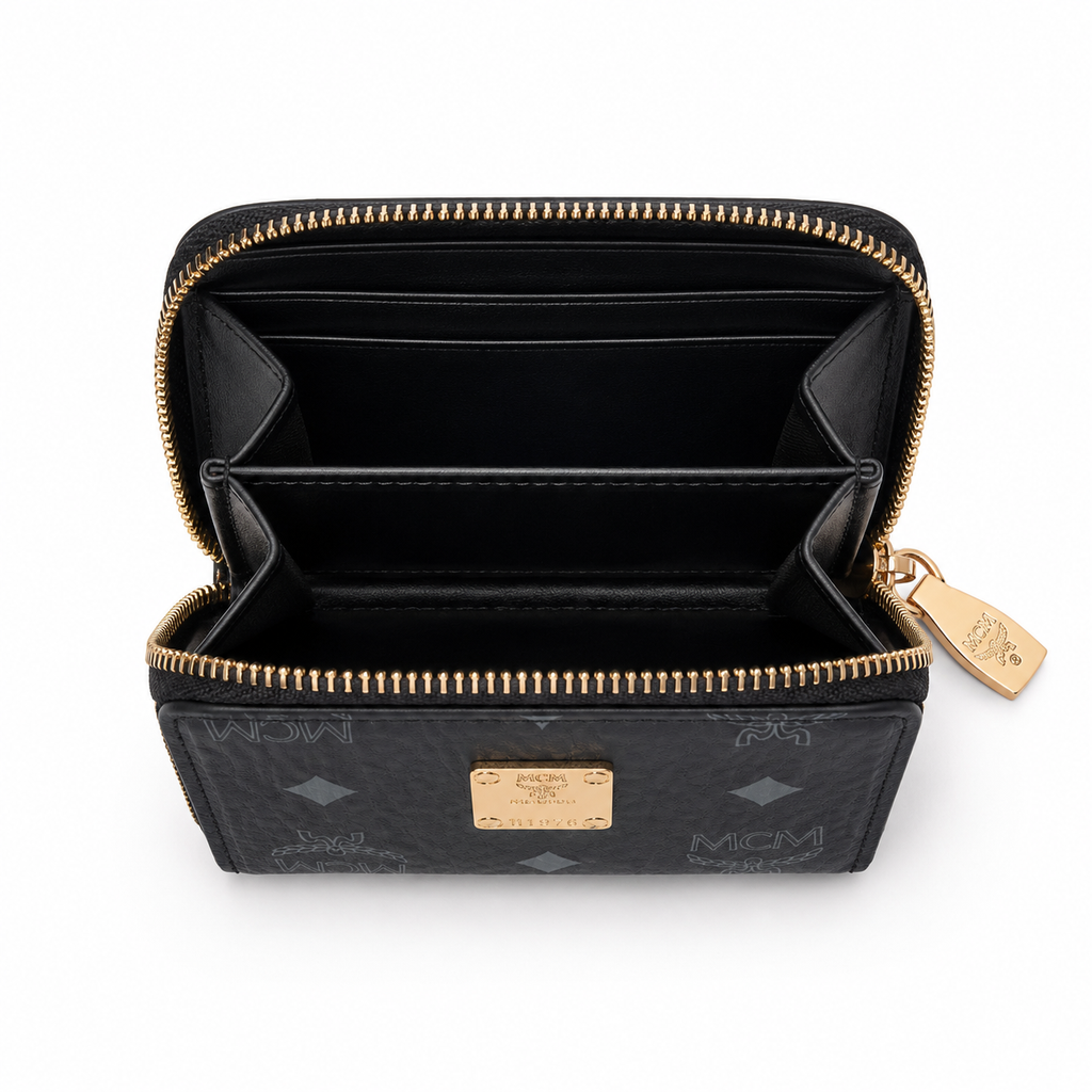 MCM Visetos Zip Wallet in Black – Tonal Monogram Coated Canvas Card Holder & Coin Pouch with Gold Plaque, 11x8.5x2cm