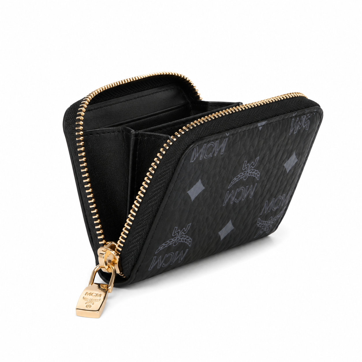 MCM Visetos Zip Wallet in Black – Tonal Monogram Coated Canvas Card Holder & Coin Pouch with Gold Plaque, 11x8.5x2cm