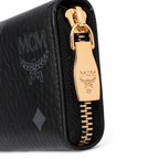 MCM Visetos Zip Wallet in Black – Tonal Monogram Coated Canvas Card Holder & Coin Pouch with Gold Plaque, 11x8.5x2cm