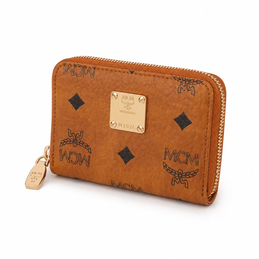 MCM Visetos Zip Wallet in Cognac – Classic Monogram Coated Canvas Short Wallet with Gold Plaque, 11x8.5x2cm
