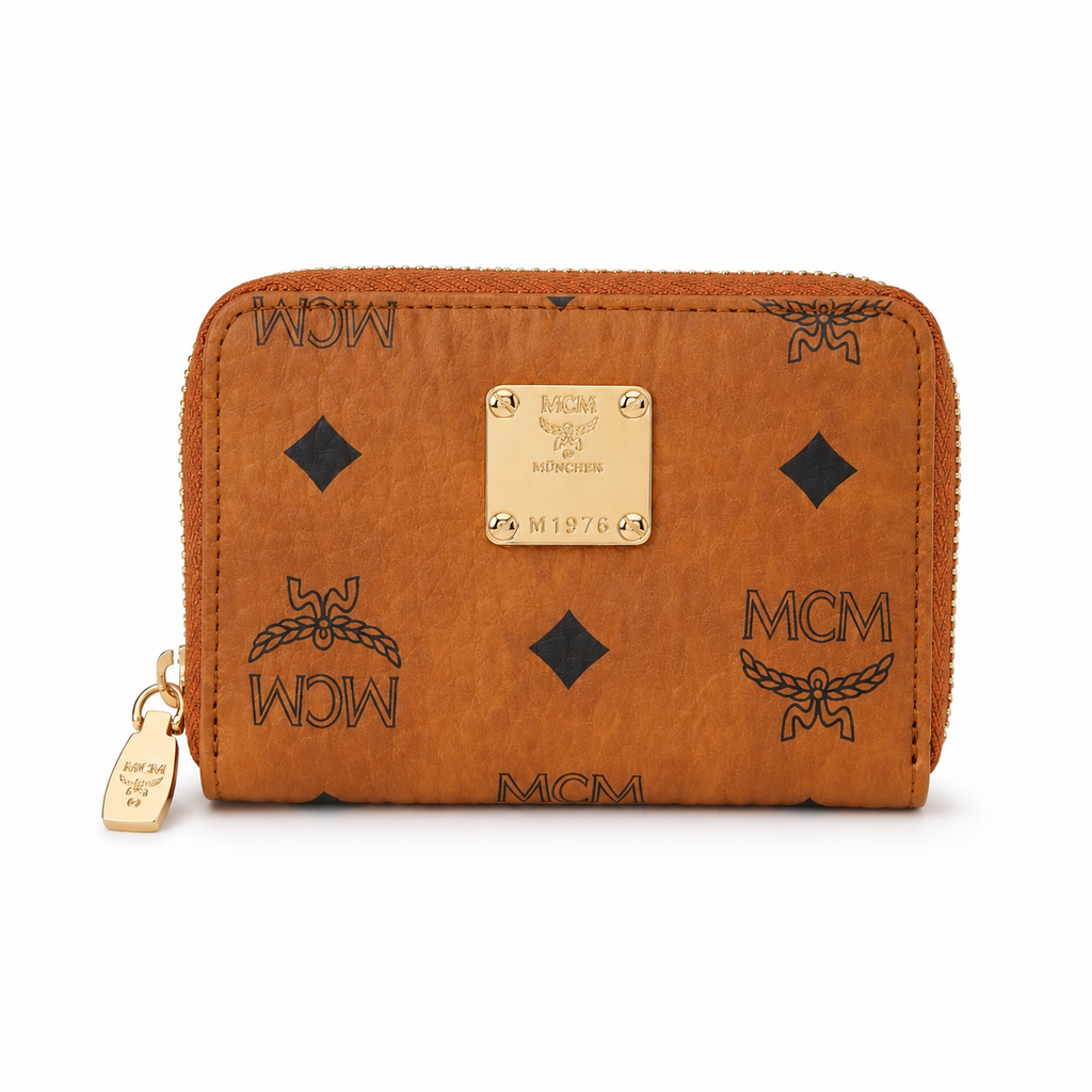 MCM Visetos Zip Wallet in Cognac – Classic Monogram Coated Canvas Short Wallet with Gold Plaque, 11x8.5x2cm