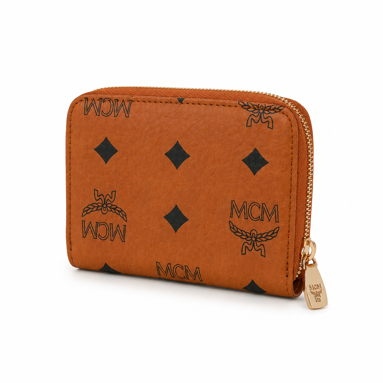 MCM Visetos Zip Wallet in Cognac – Classic Monogram Coated Canvas Short Wallet with Gold Plaque, 11x8.5x2cm