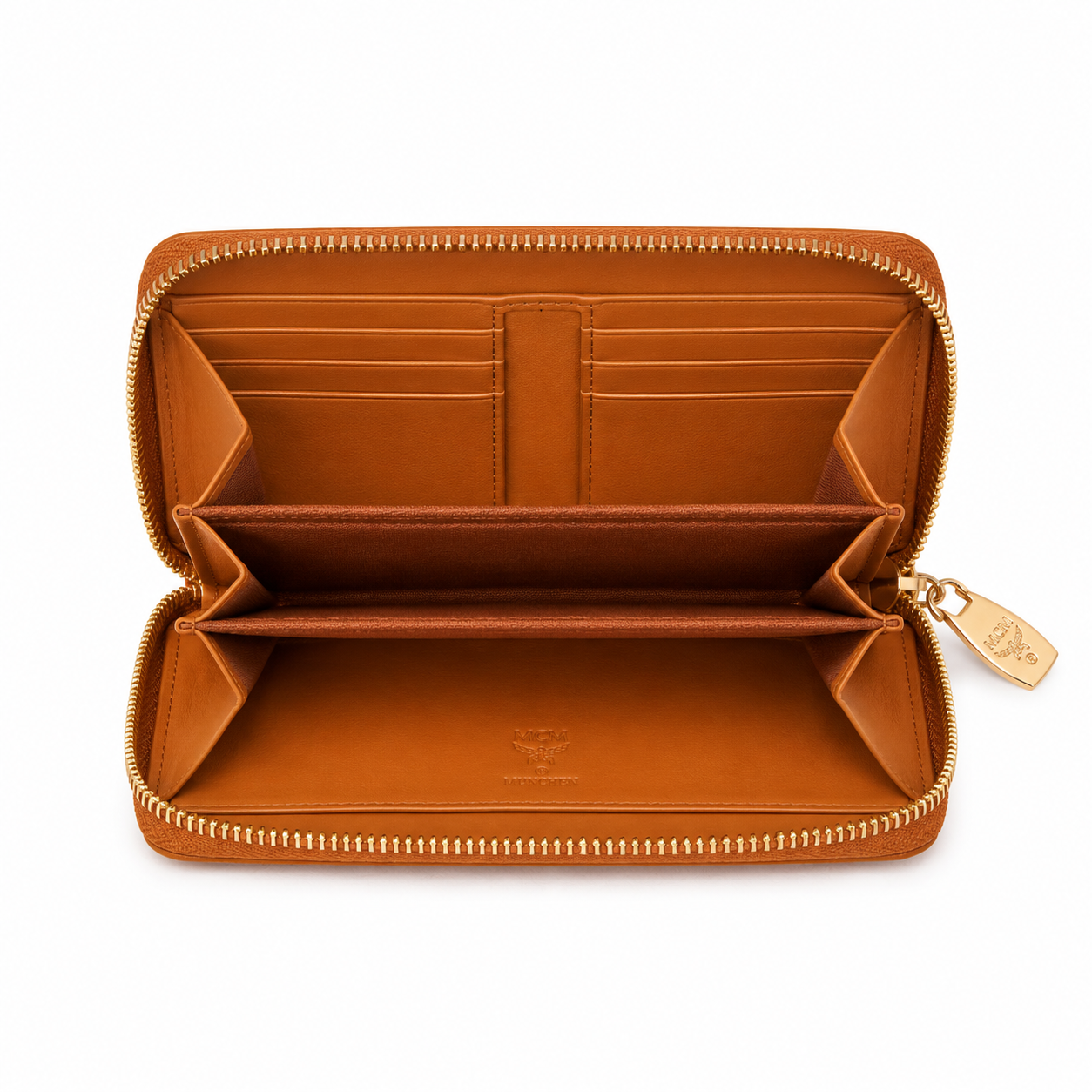MCM Visetos Zip Wallet in Cognac – Classic Monogram Coated Canvas Short Wallet with Gold Plaque, 11x8.5x2cm