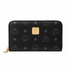 MCM Visetos Long Zip Wallet in Black – Classic Monogram Coated Canvas Clutch Wallet with Gold Plaque, 21x12.5x2.5cm
