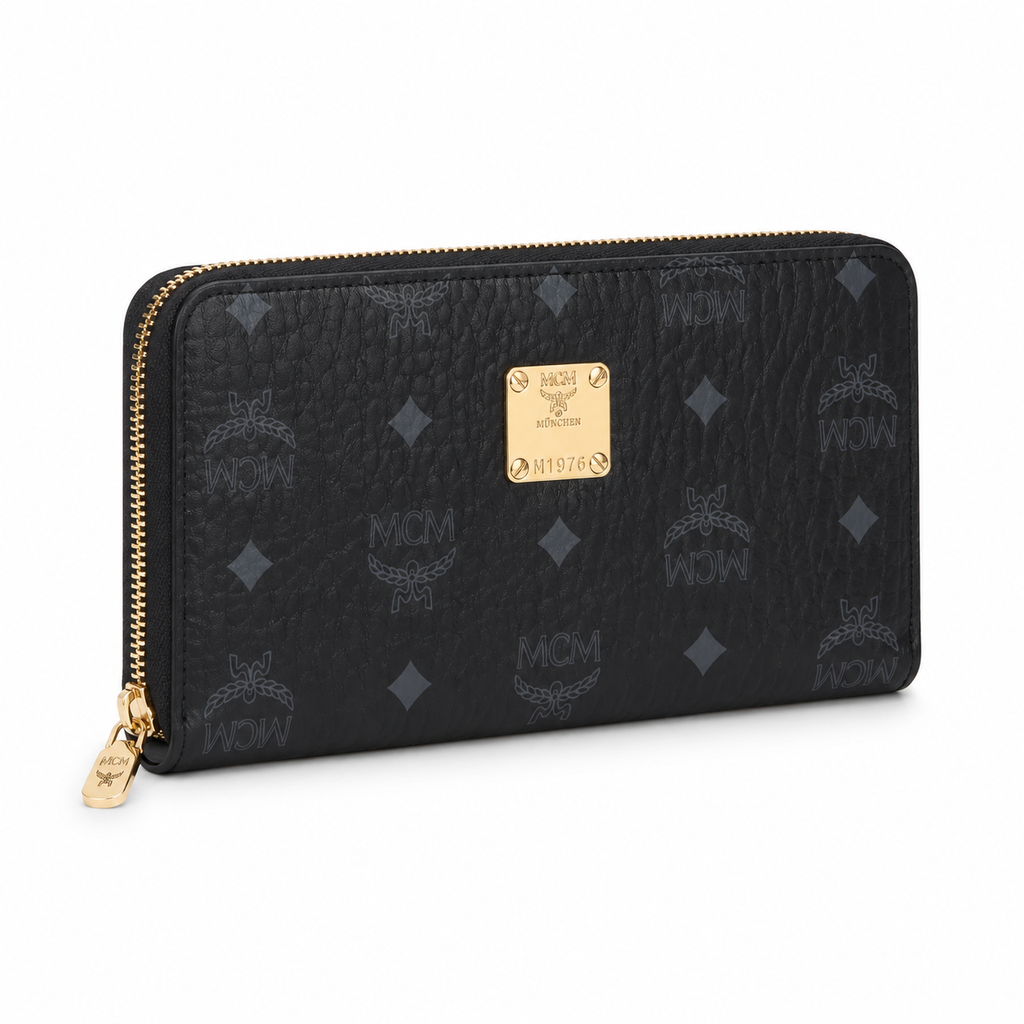 MCM Visetos Long Zip Wallet in Black – Classic Monogram Coated Canvas Clutch Wallet with Gold Plaque, 21x12.5x2.5cm