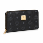 MCM Visetos Long Zip Wallet in Black – Classic Monogram Coated Canvas Clutch Wallet with Gold Plaque, 21x12.5x2.5cm