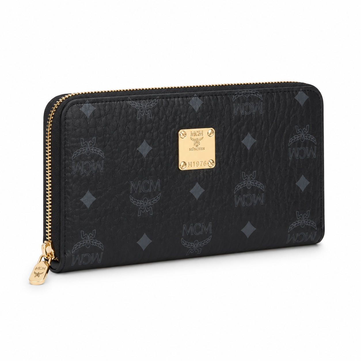 MCM Visetos Long Zip Wallet in Black – Classic Monogram Coated Canvas Clutch Wallet with Gold Plaque, 21x12.5x2.5cm