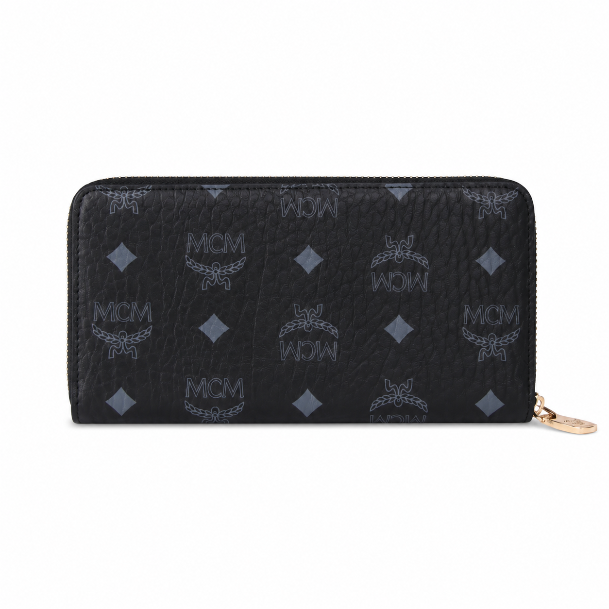 MCM Visetos Long Zip Wallet in Black – Classic Monogram Coated Canvas Clutch Wallet with Gold Plaque, 21x12.5x2.5cm