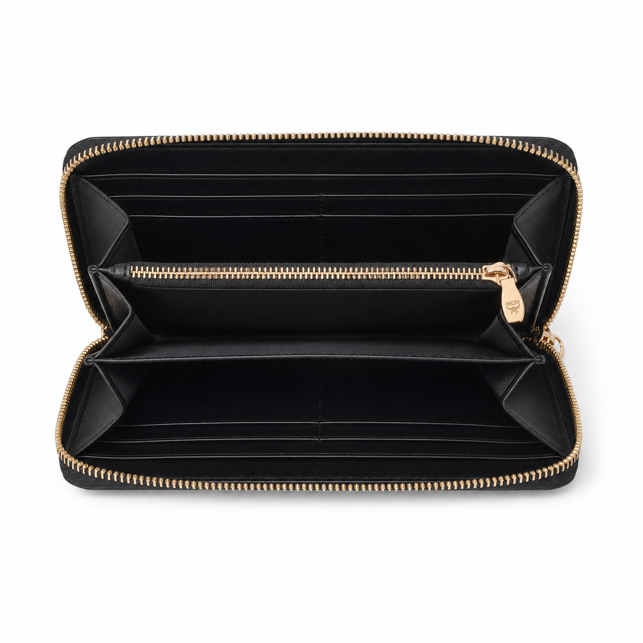 MCM Visetos Long Zip Wallet in Black – Classic Monogram Coated Canvas Clutch Wallet with Gold Plaque, 21x12.5x2.5cm