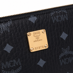MCM Visetos Long Zip Wallet in Black – Classic Monogram Coated Canvas Clutch Wallet with Gold Plaque, 21x12.5x2.5cm