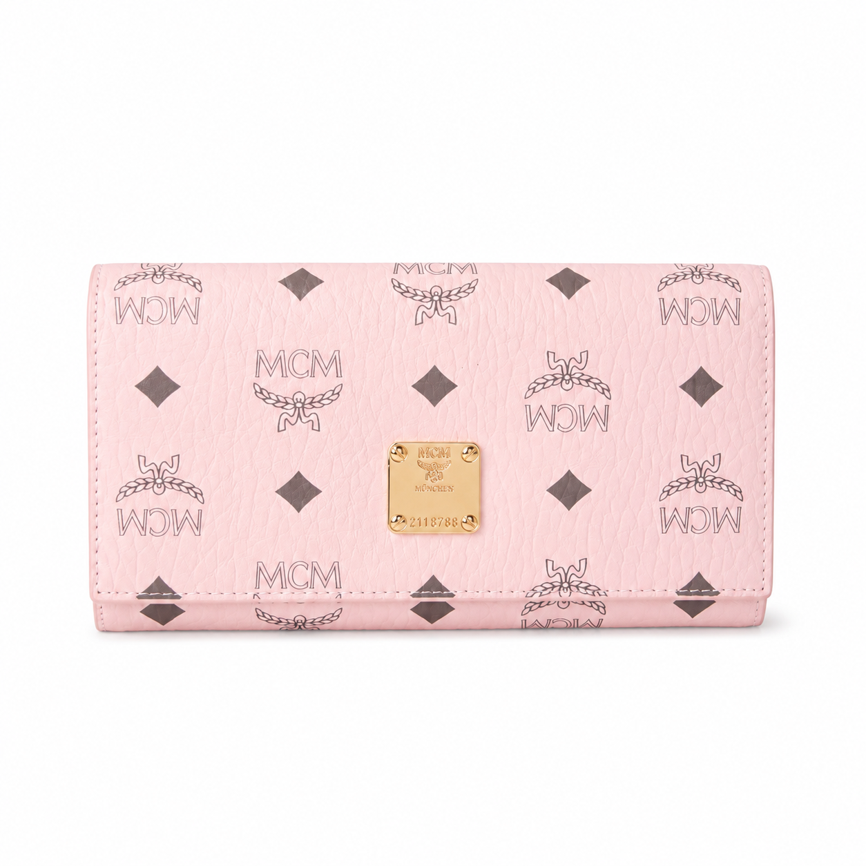 MCM Small Tracy Trifold Wallet in Visetos – Classic White Coated Leather Long Wallet with Gold Plaque, 19x10cm