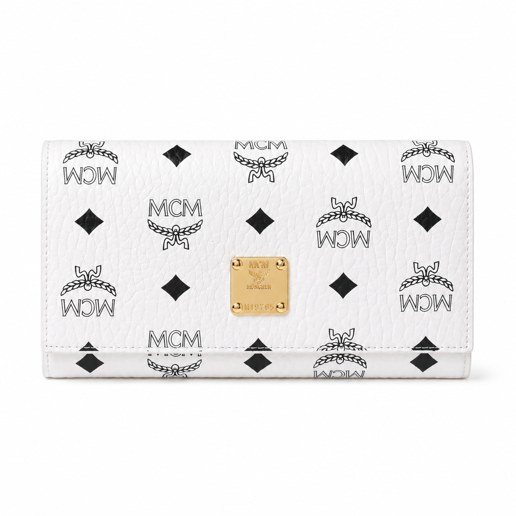 MCM Small Tracy Trifold Wallet in Visetos – Classic White Coated Leather Long Wallet with Gold Plaque, 19x10cm