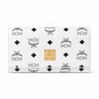 MCM Small Tracy Trifold Wallet in Visetos – Classic White Coated Leather Long Wallet with Gold Plaque, 19x10cm