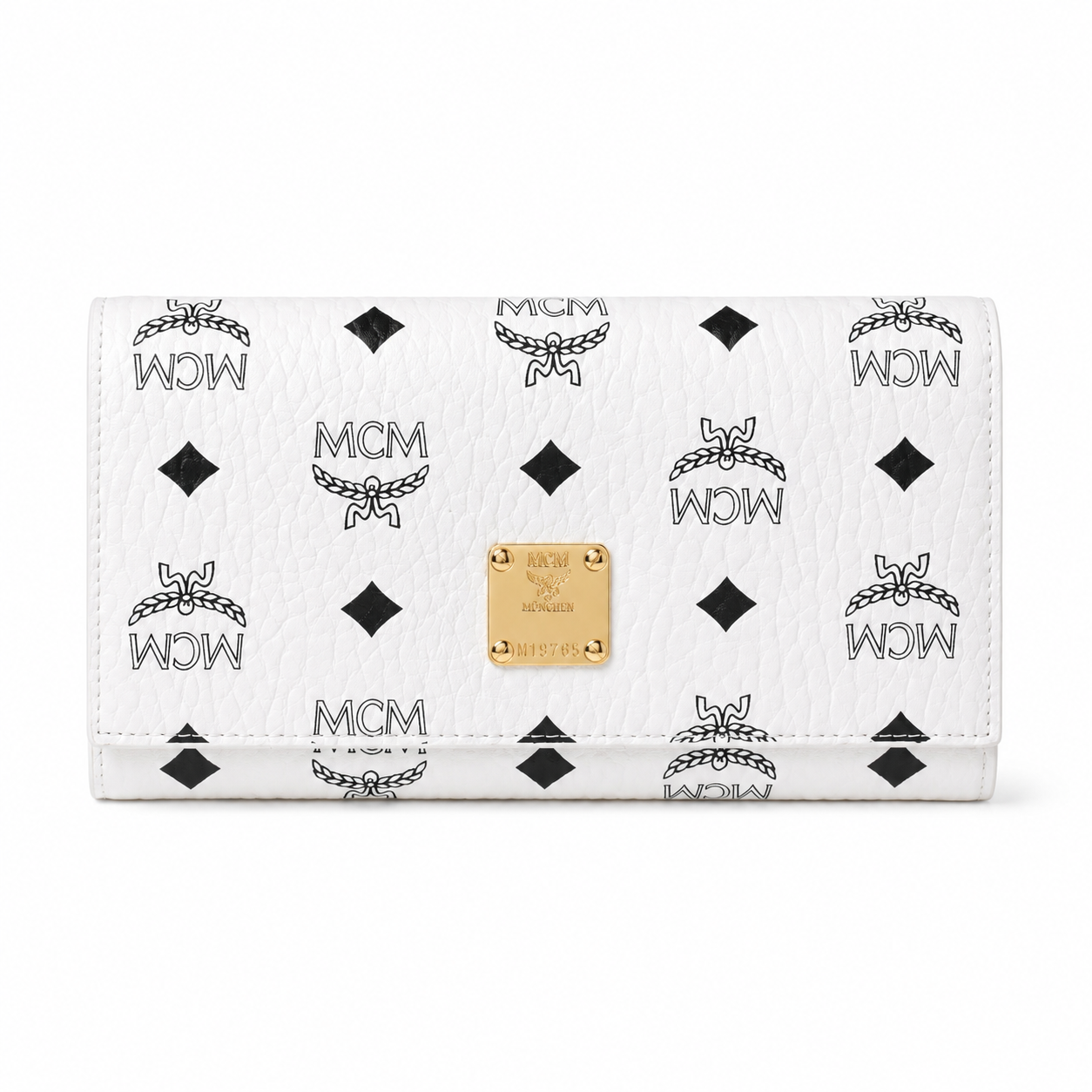 MCM Small Tracy Trifold Wallet in Visetos – Classic White Coated Leather Long Wallet with Gold Plaque, 19x10cm