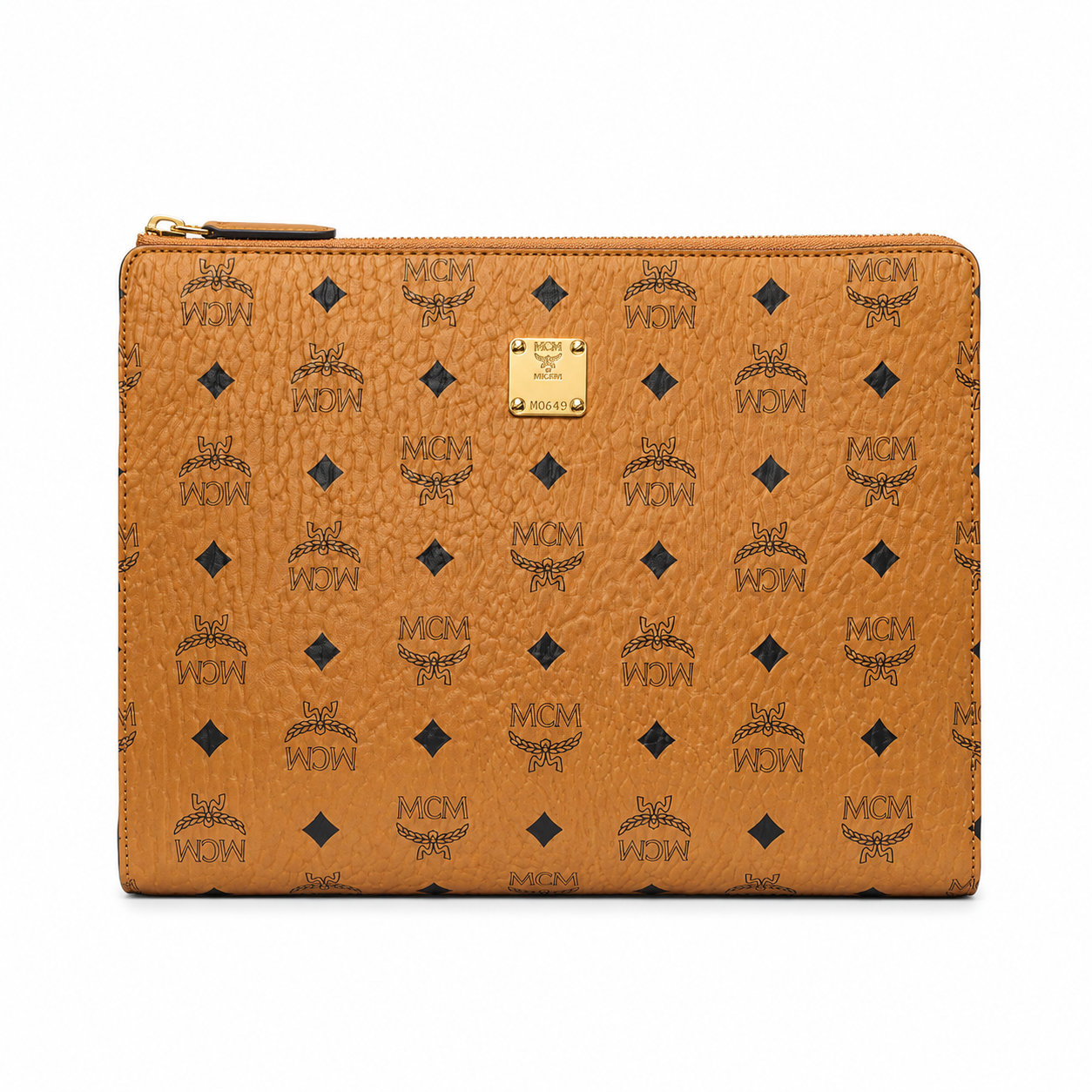 MCM Large Zip Clutch in Visetos – Cognac Coated Leather Document Case & Pouch with Gold Plaque, 29x22x5cm
