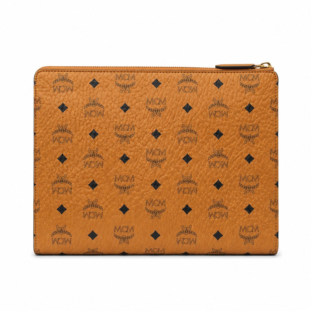 MCM Large Zip Clutch in Visetos – Cognac Coated Leather Document Case & Pouch with Gold Plaque, 29x22x5cm