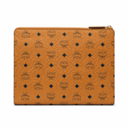 MCM Large Zip Clutch in Visetos – Cognac Coated Leather Document Case & Pouch with Gold Plaque, 29x22x5cm