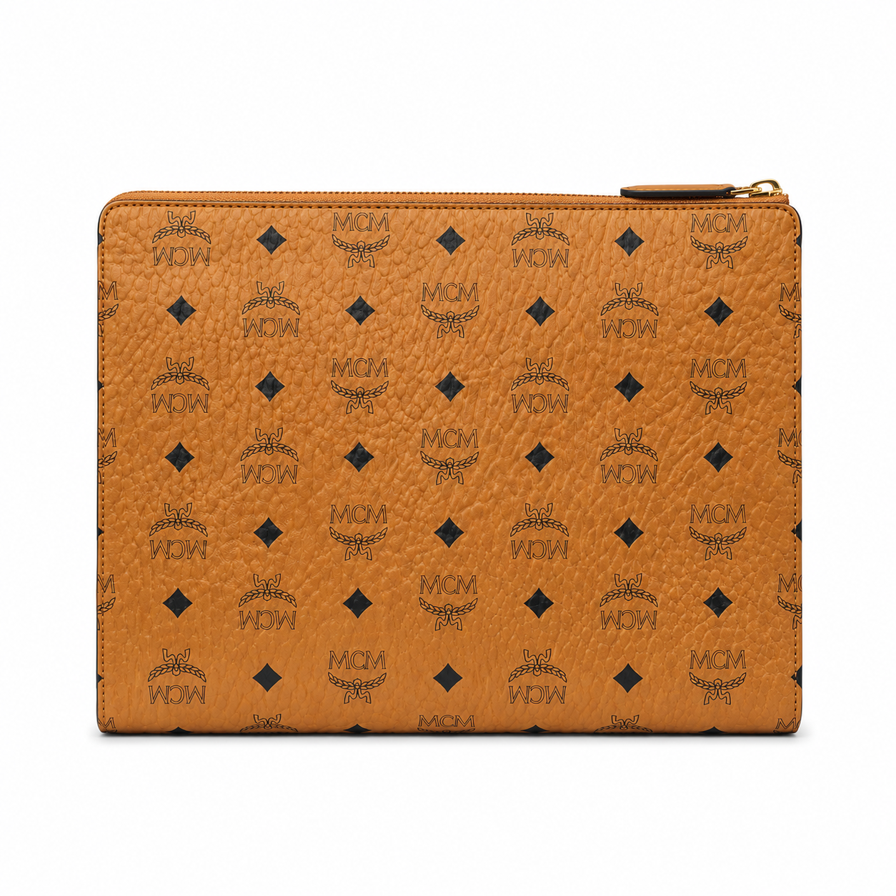 MCM Large Zip Clutch in Visetos – Cognac Coated Leather Document Case & Pouch with Gold Plaque, 29x22x5cm