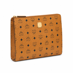 MCM Large Zip Clutch in Visetos – Cognac Coated Leather Document Case & Pouch with Gold Plaque, 29x22x5cm