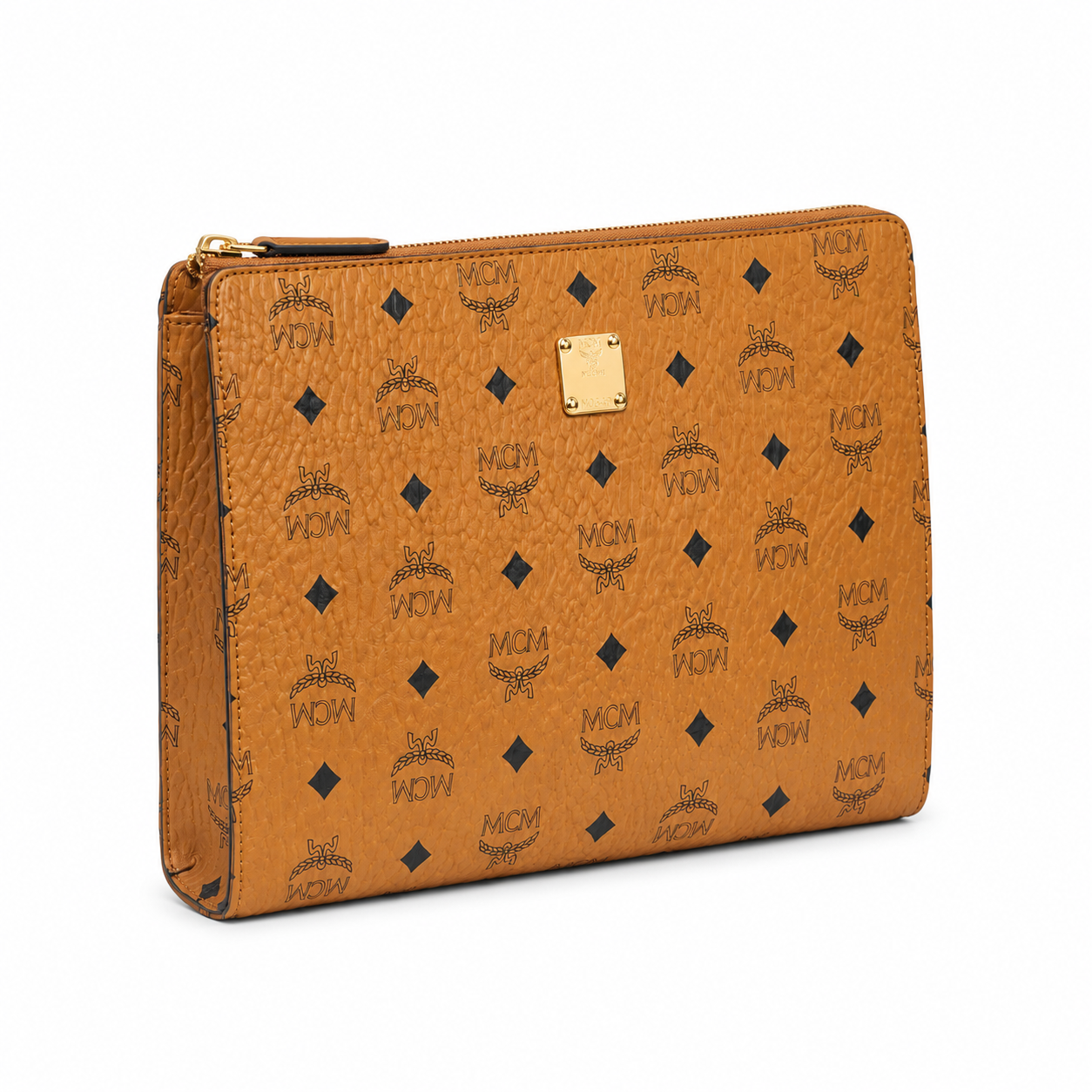 MCM Large Zip Clutch in Visetos – Cognac Coated Leather Document Case & Pouch with Gold Plaque, 29x22x5cm