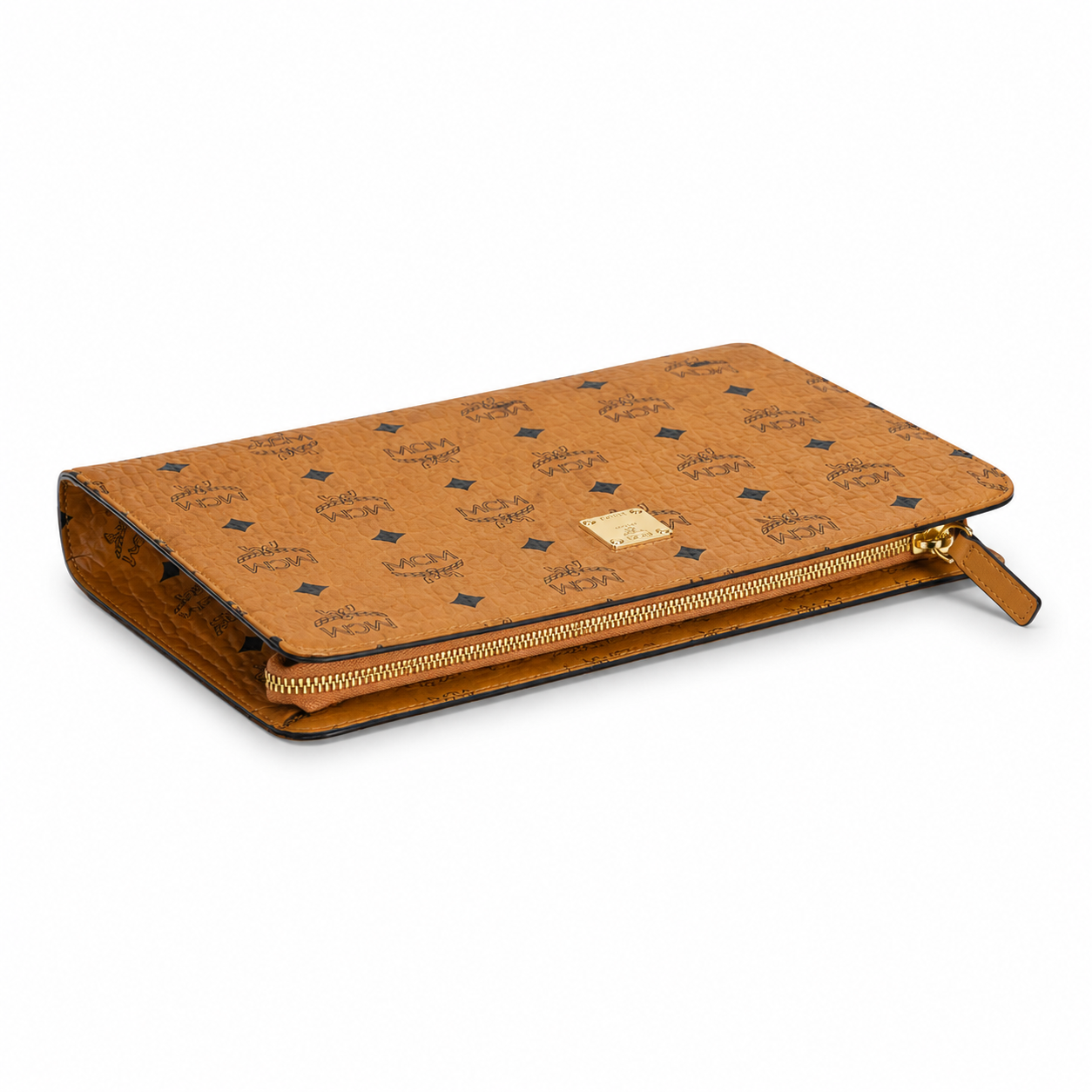MCM Large Zip Clutch in Visetos – Cognac Coated Leather Document Case & Pouch with Gold Plaque, 29x22x5cm