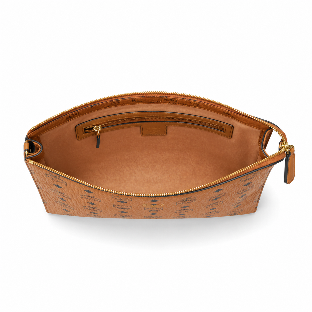 MCM Large Zip Clutch in Visetos – Cognac Coated Leather Document Case & Pouch with Gold Plaque, 29x22x5cm