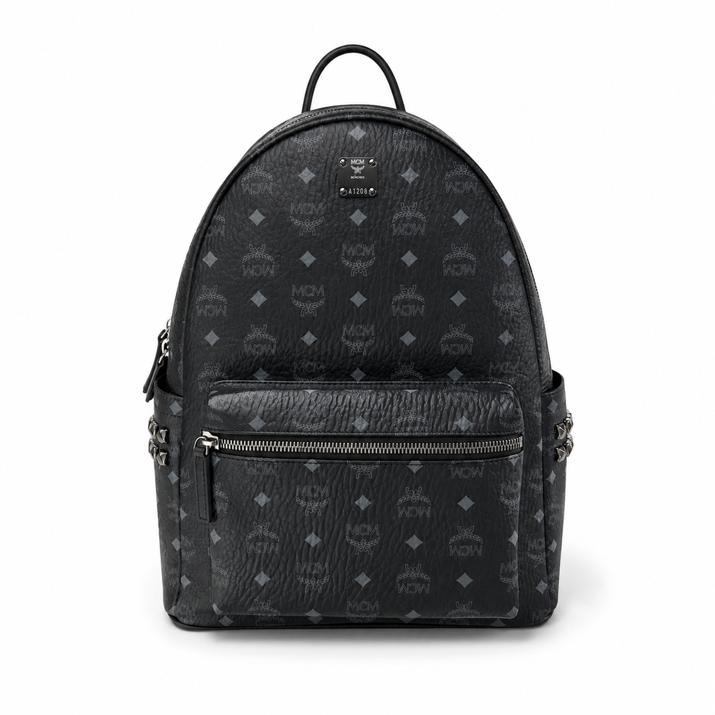 MCM Stark Large Backpack in Visetos Black – Signature Monogram Double-Sided Backpack with Pyramid Studs, 41x33x15cm