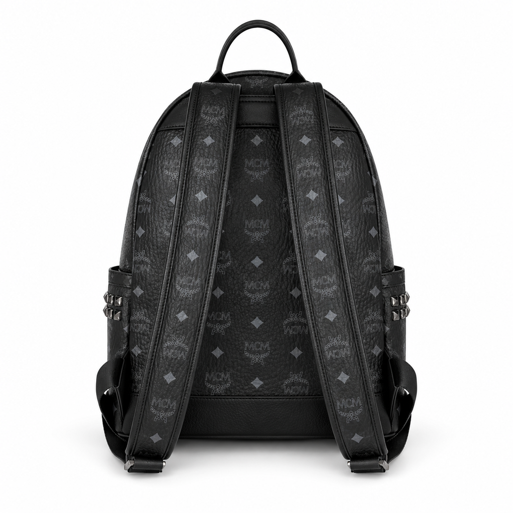 MCM Stark Large Backpack in Visetos Black – Signature Monogram Double-Sided Backpack with Pyramid Studs, 41x33x15cm