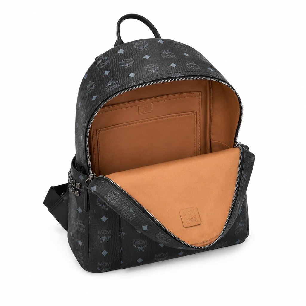 MCM Stark Large Backpack in Visetos Black – Signature Monogram Double-Sided Backpack with Pyramid Studs, 41x33x15cm