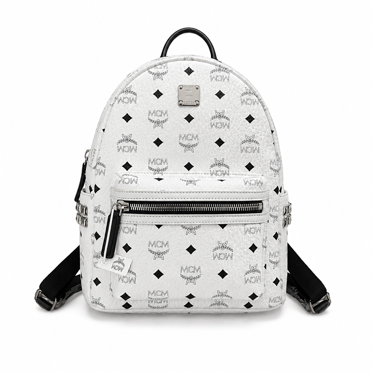 MCM Small Stark Backpack in White Visetos – Signature Monogram Side Studs Backpack with Silver Hardware, 26x33x13cm