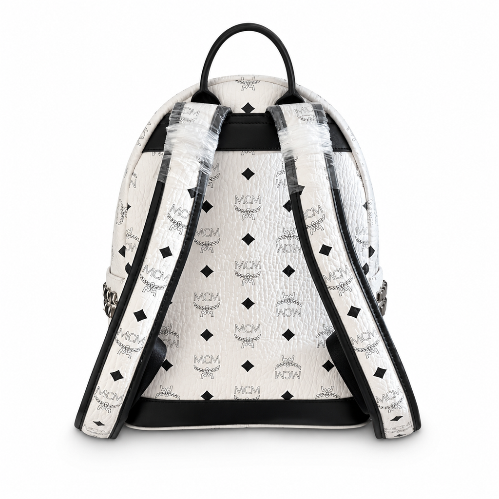 MCM Small Stark Backpack in White Visetos – Signature Monogram Side Studs Backpack with Silver Hardware, 26x33x13cm