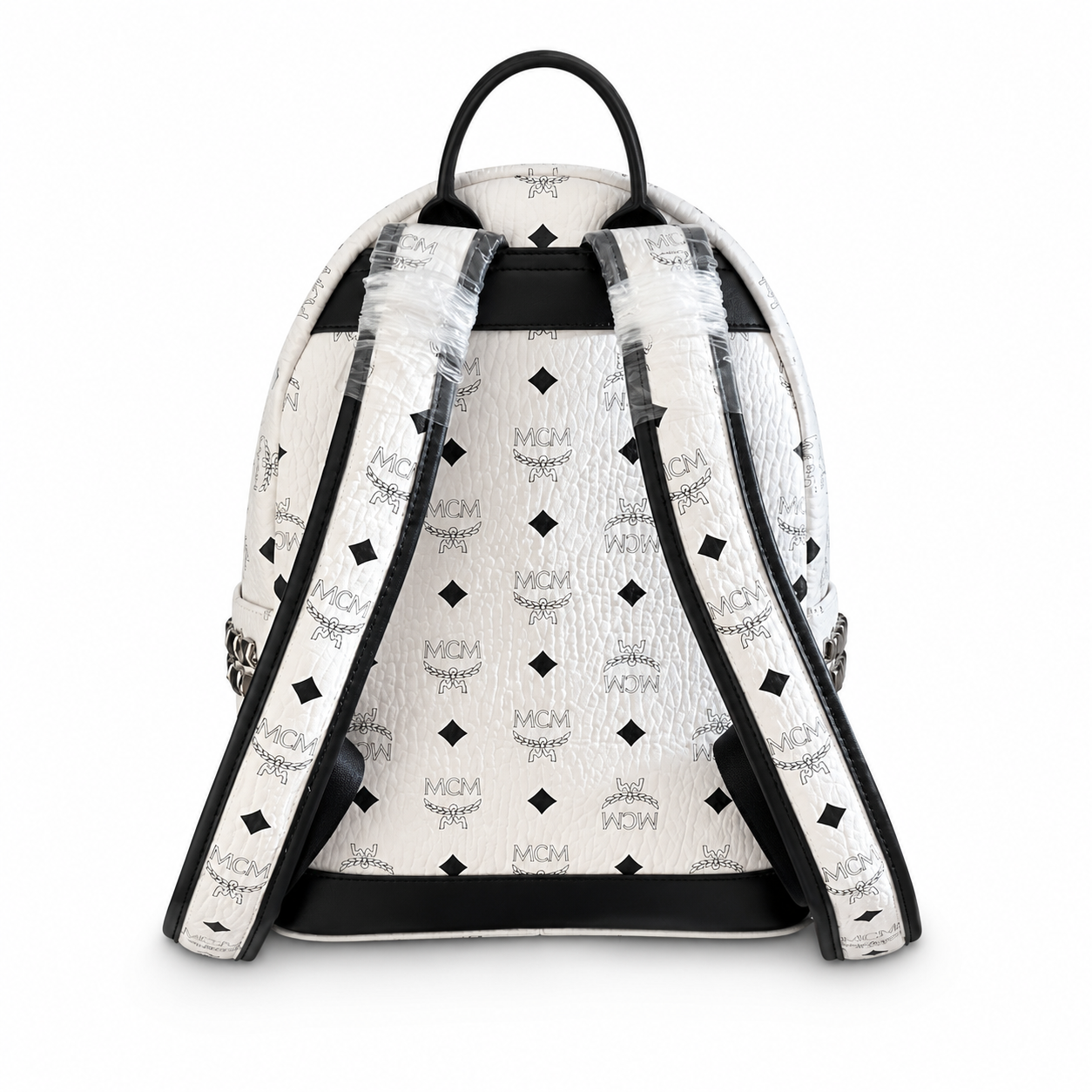 MCM Small Stark Backpack in White Visetos – Signature Monogram Side Studs Backpack with Silver Hardware, 26x33x13cm
