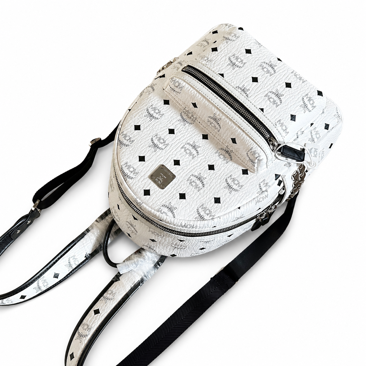 MCM Small Stark Backpack in White Visetos – Signature Monogram Side Studs Backpack with Silver Hardware, 26x33x13cm
