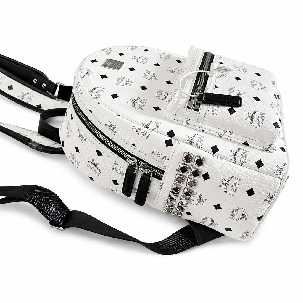 MCM Small Stark Backpack in White Visetos – Signature Monogram Side Studs Backpack with Silver Hardware, 26x33x13cm