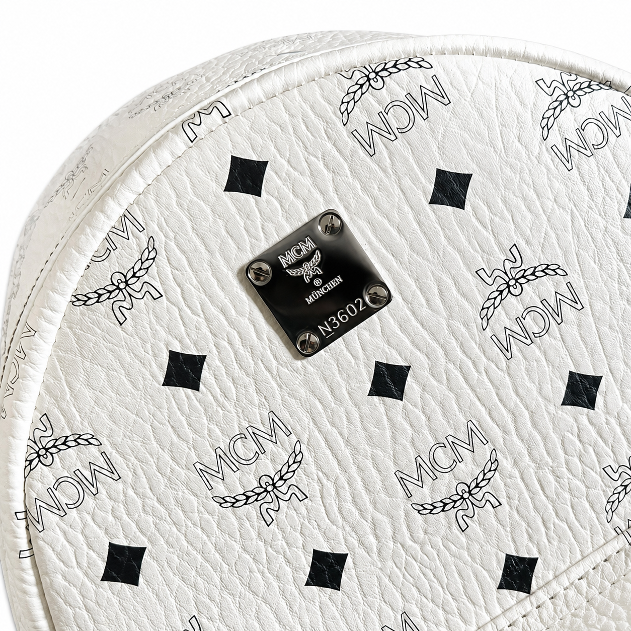 MCM Small Stark Backpack in White Visetos – Signature Monogram Side Studs Backpack with Silver Hardware, 26x33x13cm