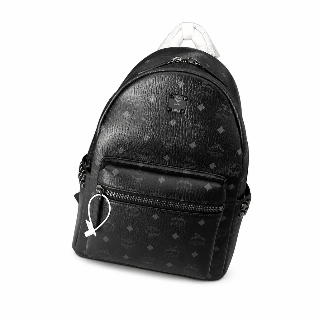 MCM Medium Stark Backpack in Visetos Black – Classic Monogram Side Studs Backpack, 38x30x13cm