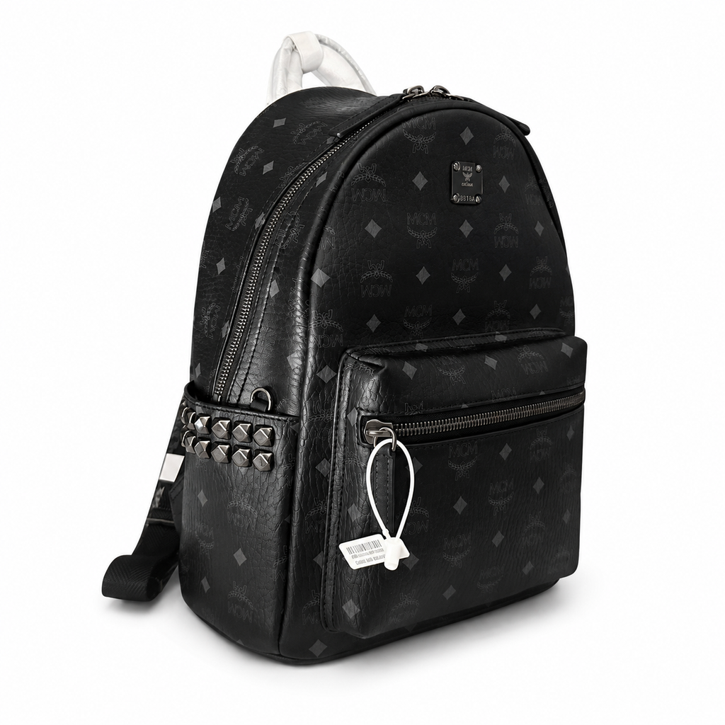 MCM Medium Stark Backpack in Visetos Black – Classic Monogram Side Studs Backpack, 38x30x13cm