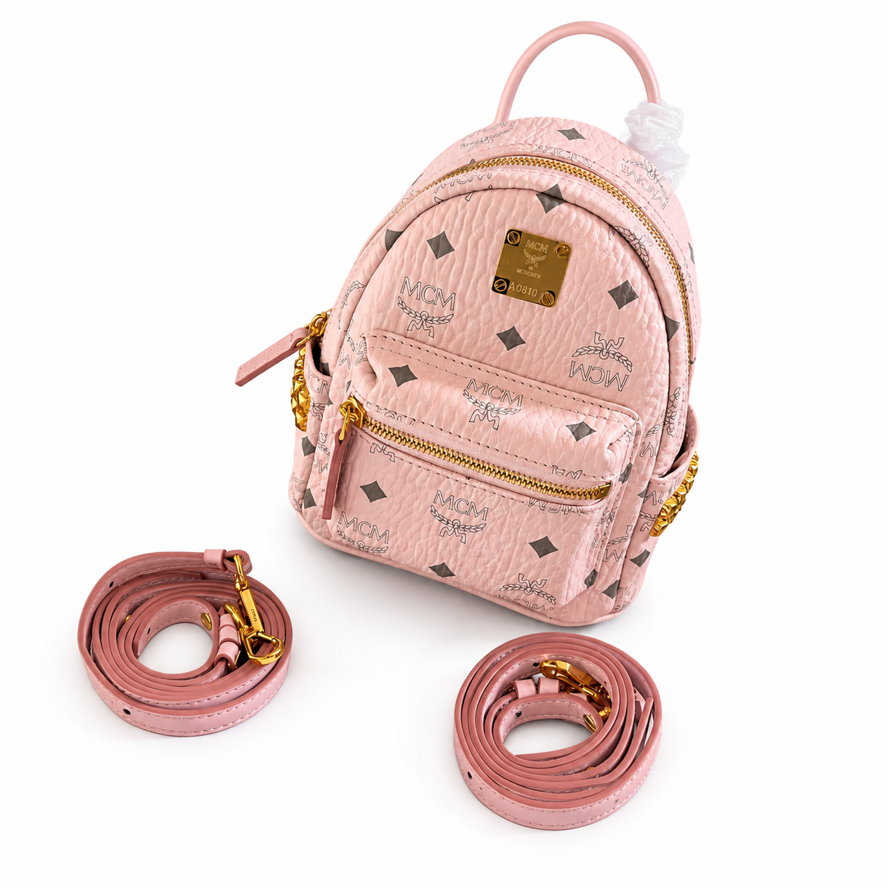 MCM Mini Stark Backpack in Pink Visetos – Extra Small Monogram Leather Backpack with Gold Hardware & Removable Strap, 21x17.5x10cm