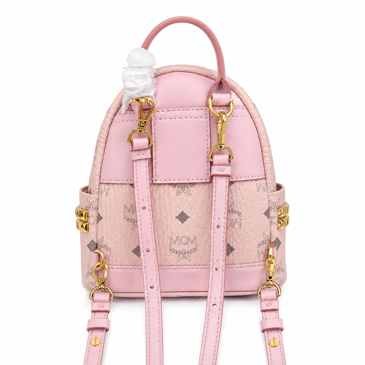 MCM Mini Stark Backpack in Pink Visetos – Extra Small Monogram Leather Backpack with Gold Hardware & Removable Strap, 21x17.5x10cm