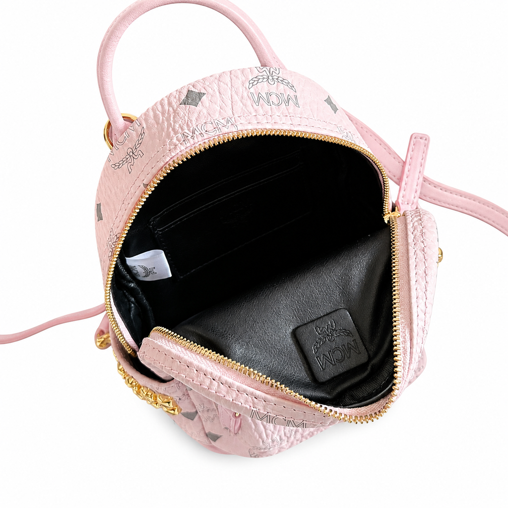 MCM Mini Stark Backpack in Pink Visetos – Extra Small Monogram Leather Backpack with Gold Hardware & Removable Strap, 21x17.5x10cm