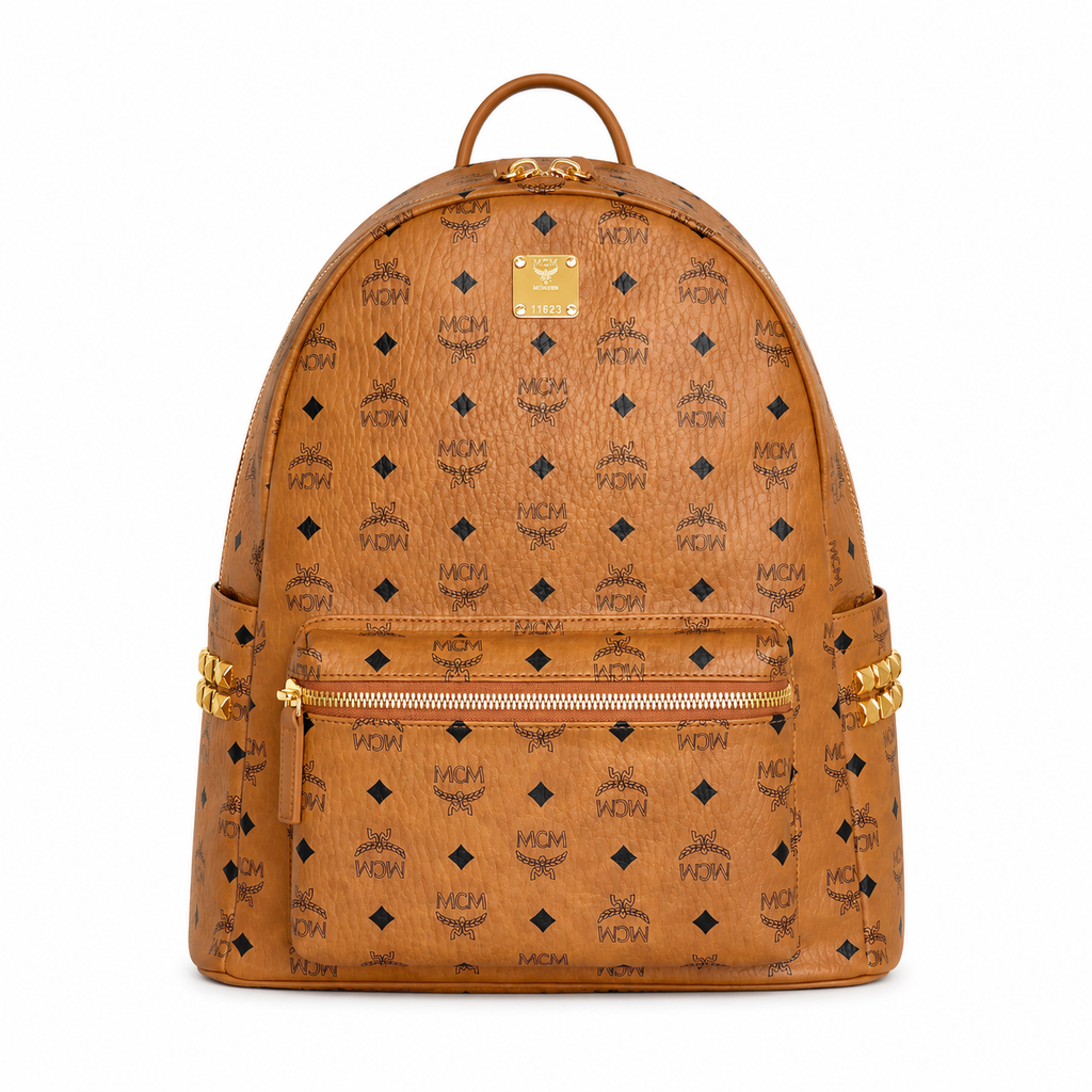 MCM Large Stark Backpack in Cognac Visetos – Classic Monogram Gold Studs Backpack with Gold Plaque, 42.5x33.5x16cm