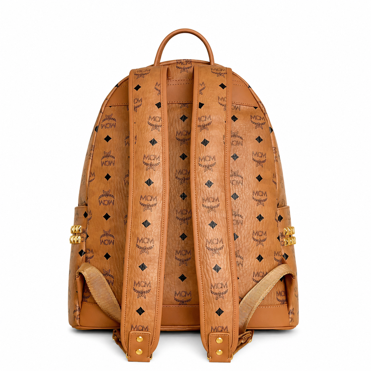 MCM Large Stark Backpack in Cognac Visetos – Classic Monogram Gold Studs Backpack with Gold Plaque, 42.5x33.5x16cm