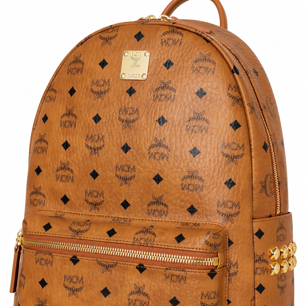 MCM Large Stark Backpack in Cognac Visetos – Classic Monogram Gold Studs Backpack with Gold Plaque, 42.5x33.5x16cm