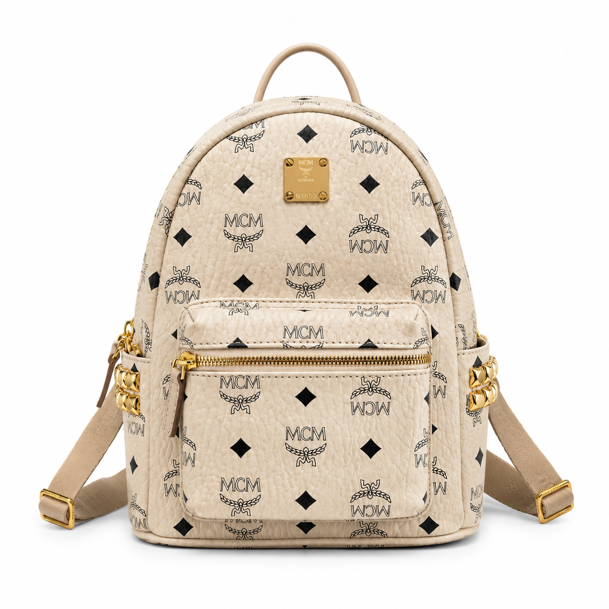 MCM Stark Mini Backpack in Beige Visetos – Signature Monogram Side Studs Backpack, MMK6SVE41IG001, 26x21.5x10.5cm
