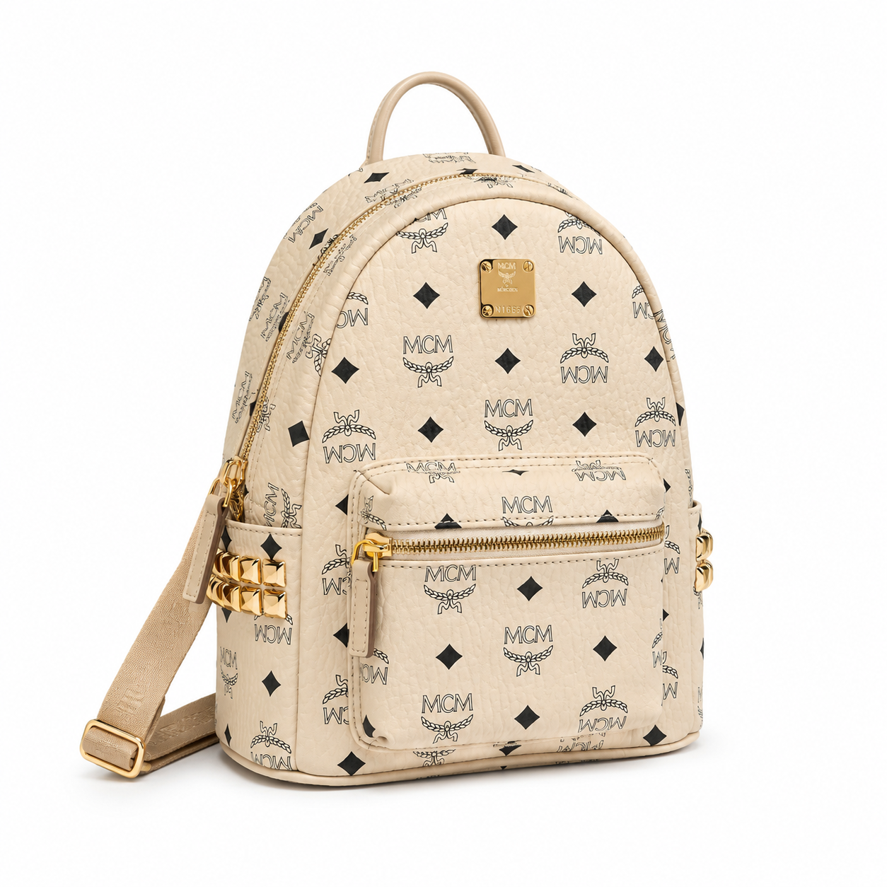 MCM Stark Mini Backpack in Beige Visetos – Signature Monogram Side Studs Backpack, MMK6SVE41IG001, 26x21.5x10.5cm